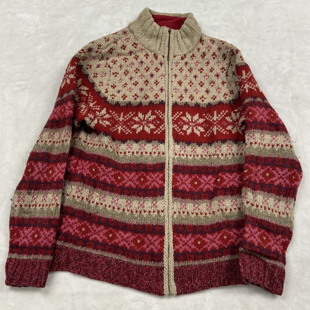 Eddie Bauer Cardigan Sweater Womens M Tall Red Fair Isle Lambswool Full Zip
